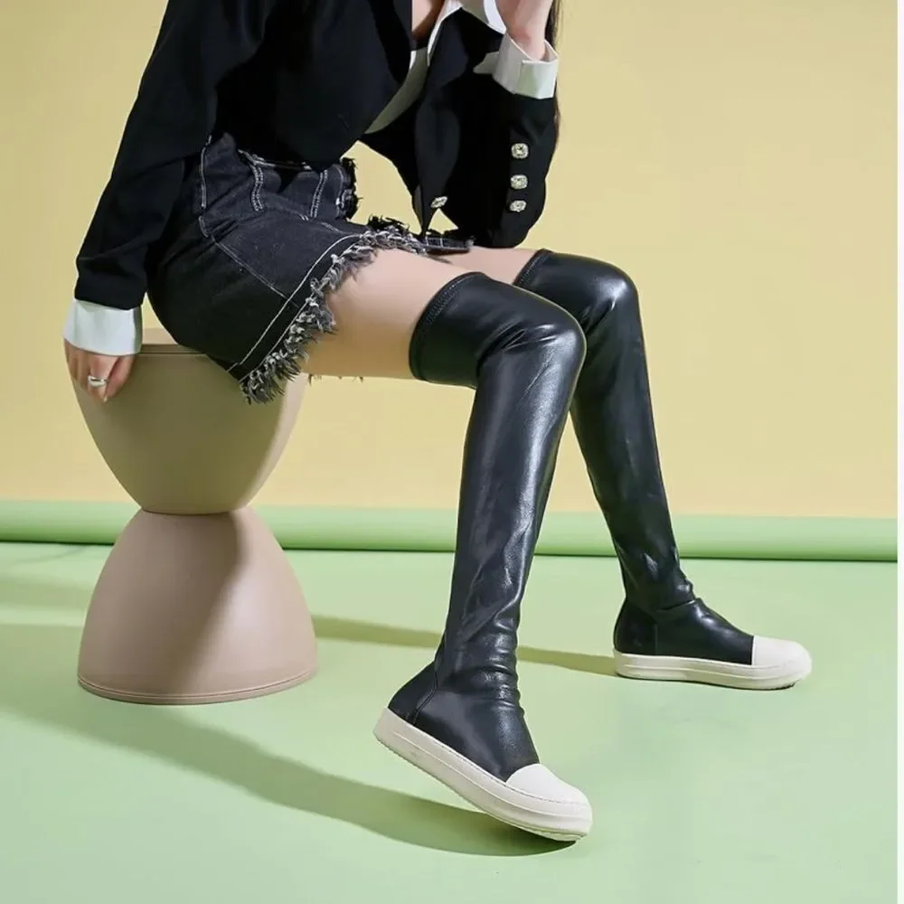 Kluolandi Black Faux Leather White Shoe Over the Knee Pull On Sneaker Boots